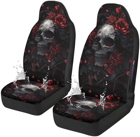 Bulopur Skull Red Rose Crows Front Car Seat Covers Waterproof Washable Auto Seat Covers High Back Airbag Compatible Auto Bucket Cushions Universal for SUV Truck Sedan, Easy to Install and Removable