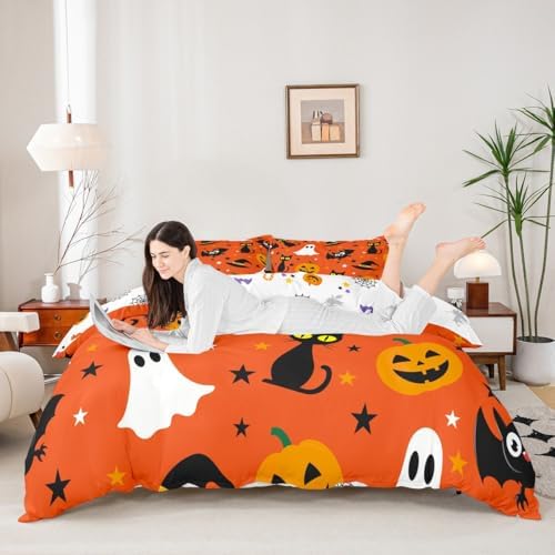 Feelyou Halloween Ghost Pumpkin Bedding Set Queen Size Adults - Image 3