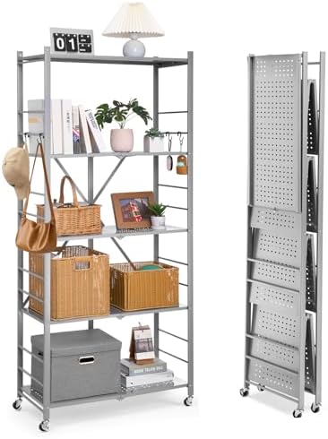 VEVOR 5-Tier Foldable Storage Shelf, 32W x 14D x 72H Inch Folding Metal Rack Shelving Unit, Heavy Duty No Assembly Organizer Shelf with 5 Wheels & 4 Hooks for Pantry, Kitchen, Garage, Basement, Grey by VEVOR