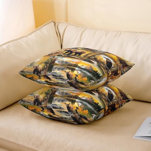 Manfei Bear Deer Double Sides Print Pillow Covers,Rustic Lodge Cabin Wild Animal Throw Pillow Case Covers,Jungle Hunting Aventure Brown Plaids Patchwork 20"x 20" Cushion Covers,Pack of 2 - Image 3
