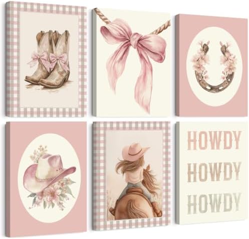 Western Cowgirl Nursery Wall Art Decor Vintage Girl Room Canvas Poster Pink Coquette Nursery Art Prints Preppy Aesthetic Pictures Bow Floral Boots Artwork for Girls Bedroom 12x16x6 Inch Wrapped Canvas by Unknown