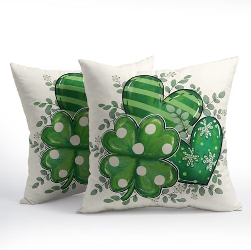 St Patricks Day Pillow Covers 16x16 Set of 2 Shamrock Clover Throw Pillow Covers Rustic Spring Pillowcase Linen Decoration Farmhouse Decorative Green Cushion Case Couch for Indoor Outdoor Home Decor - Image 2