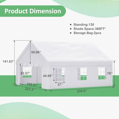 YOPTO 20x20 FT Carport Canopy Heavy Duty,Portable Garage W/Detachable Sidewalls & Mesh Windows,Car Canopy Tent W/ 2 Roll-Up Double-Zipper Doors,Outdoor Car Shed for Truck,Boat,Vehicle,White - Image 5