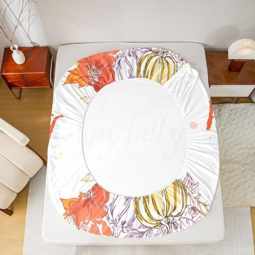 Watercolor Fall Pumpkin Bed Sheets ,Happy Harvest Thanksgiving Sheet Set For King Bed,Autumn Maple Leaf Botanical Bedding Set Fall Rustic Farmhouse Fitted Sheet Orange Flat Sheet 2 Pillow Cases - Image 5