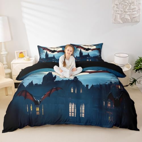 Feelyou Halloween Bedding Set Horror Dark Bats Bedding Duvet Cover Set for Boys Girls Trick or Treat Decor Comforter Cover Set Scary Moon Castles Bedspread Cover Bedroom Quilt Cover 3Pcs Full Size - Image 4