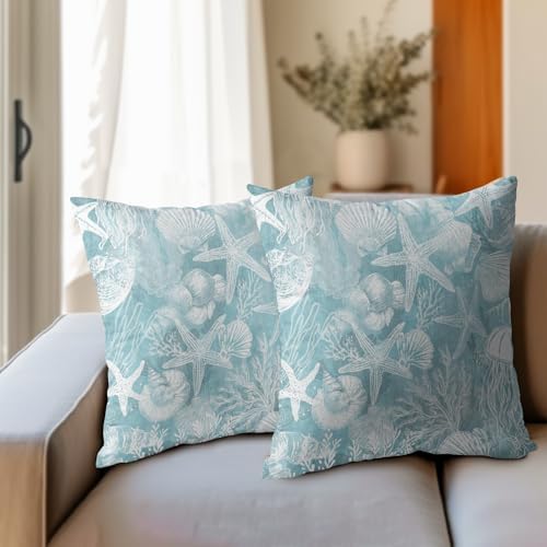 Summer Pillow Covers 24x24 Inch Set of 2, Teal Blue Throw Pillow Covers Ocean Beach Pillowcase, Coral Starfish Decorative Seasonal Cushion Case Couch for Indoor Outdoor Home Decor - Image 3