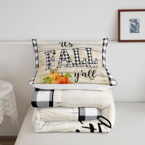 Homewish Fall Pumpkin Grid Comforter Set Full Size,Rustic Farm Barn Wooden Bedding Youth Adults Room Decor,Halloween Plants Plaid Quilt Set Retro Fall Themed Duvet Insert 3pcs,2 Pillowcases - Image 5