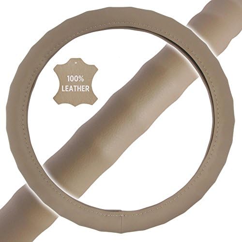 Motor Trend Ergonomic Grip Steering Wheel Cover/Protector for Small Size Steering Wheels in Cars, SUVs, Boats (13.5-14.5") (Genuine Leather (Beige))