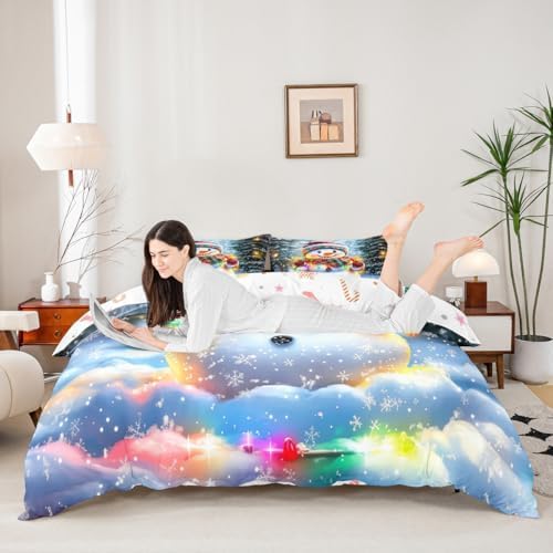 Manfei Lovely Snowman Kids Duvet Cover Set Full Size,Xmas Colorful Lanterns Snowflake Girls Boys Bedding Set,Winter Merry Christmas Room Decor,Rainbow Quilt Cover,2 Pillowcases(No Comforter) - Image 2
