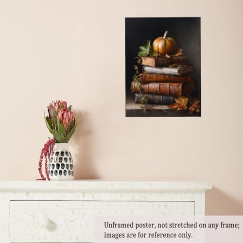 Vintage Pumpkin Still Life Wall Art – Antique Books with Fall Leaves Canvas Print,Dark Academia Autumn Aesthetic Poster for Reading Nook Decor 16x20in Unframed - Image 5