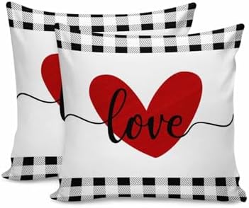 Red Valentine's Day Love Heart Pillow Covers 20x20 Inch Set of 2, Buffalo Plaid Decorations Outdoor Throw Pillow Covers, Holiday Linen Square Pillowcases for Sofa Couch Bedroom Patio Decorative by JasmineM
