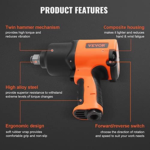 VEVOR Air Impact Wrench, 3/4-Inch Drive Air Impact Gun, Up to 1870ft-lbs Nut-busting Torque, Composite Pneumatic Impact Wrench for Auto Repairs and Maintenance Heavy Duty - Image 5