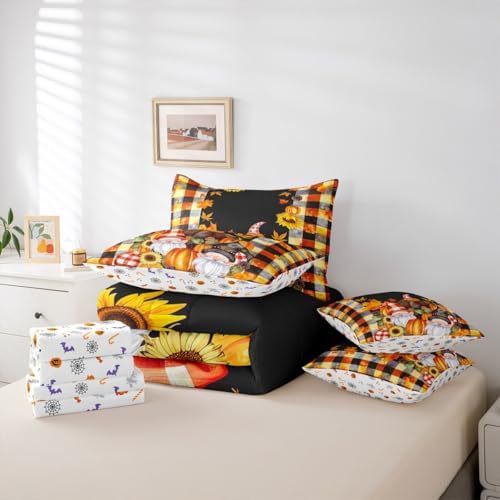 Erosebridal Fall Gnome Full Comforter Set 7 Pieces,Bed in a Bag Full,Autumn Maple Leaves Thanksgiving Pumpkin Bedding Set with Santa Dwarf Fall Decorations for Home Comforter,Flat Sheet,Fitted Sheets - Image 5