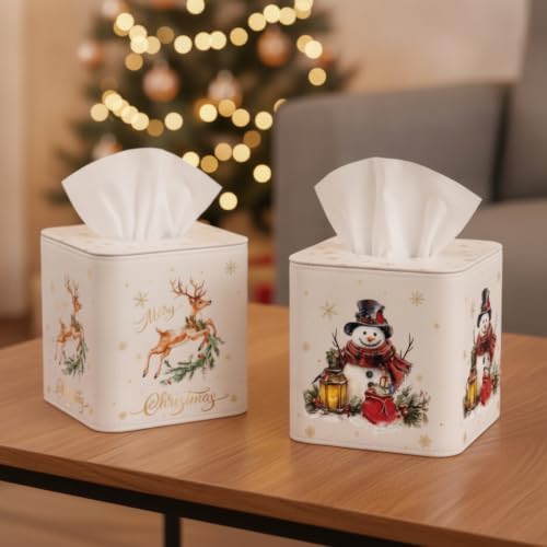 Thyle 2 Pcs Christmas Square Tissue Box Cover PU Leather Reindeer Snowman Tissue Box Holder Closure Xmas Decorations Cube Napkin Holder for Kitchen Car Home Office Living Room Bedroom by Thyle
