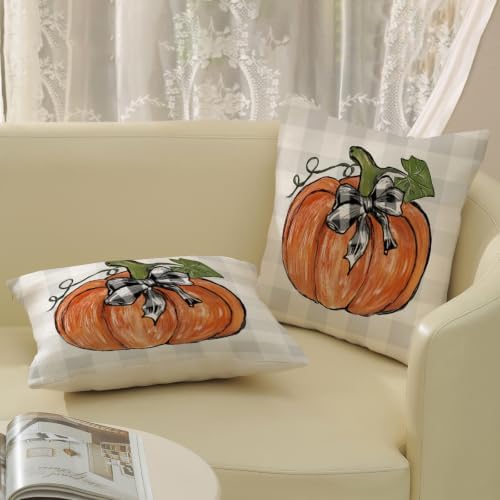 Fall Orange Pumpkin Pillow Covers 18x18 Set of 2 Grey Buffalo Plaid - Image 5