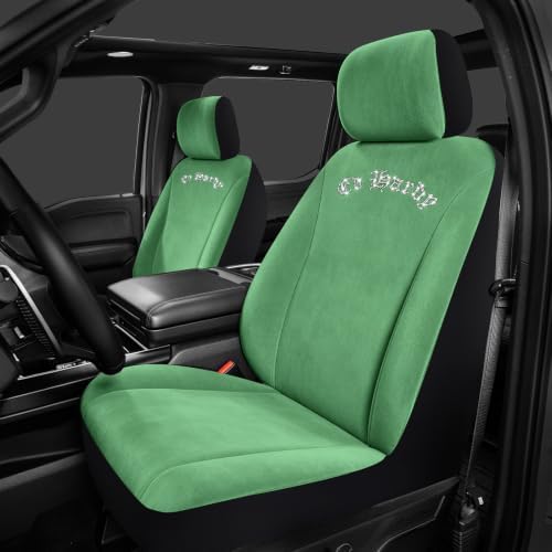 ED HARDY Car Seat Covers, Green Soft Short Plush & Silver Diamond Graphic
