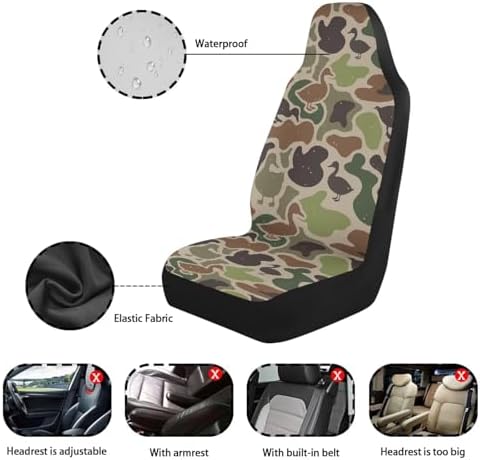 Car Seat Covers Waterproof Breathable Duck Hunter Camo Front Seat Cover Protection Interior Accessories Easy to Install and Clean Universal for Auto Truck Van SUV 2 Pcs