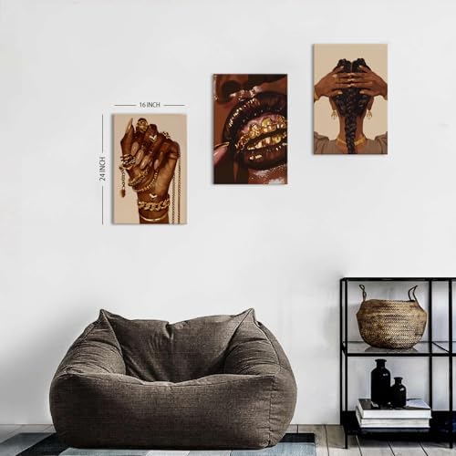 Black Girl Canvas Wall Art Living Room Modern Abstract Gold Jewelry Accessories Canvas Painting African Female Framed Artwork Woman Room Decor Living Room Bathroom Fashion Home Decorations 16x24 3Pcs - Image 5