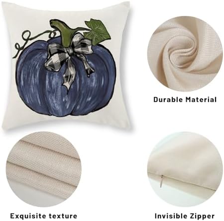 Fall Pillow Covers 18x18 Set of 2 Dark Blue Pumpkin Leaves Fall Decor Pillowcase Autumn Harvest Thanksgiving Decorative Outdoor Throw Pillow Covers Linen Farmhouse Cushion Case for Couch Home - Image 7
