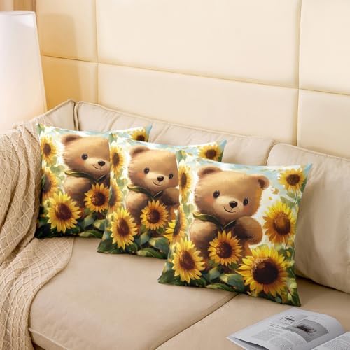 Manfei Lovely Bear Double Sides Print Pillow Covers,Rustic Sunflower Farmhouse Floral Pillowcase 2 Pack Cushion Case 24"x 24",Cute Animal Oil Paint Style Throw Pillow Covers - Image 4