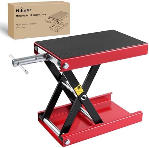 Nilight Motorcycle Lift Jack 1100 LBS Scissor Jack Stand Lift from 3.4" to 14.2" with Wide Deck Crank Handle Steel Scissor Hoist Garage Repair Lifter Table Jacks for Motorcycles ATV Dirt Bike, Red by Nilight