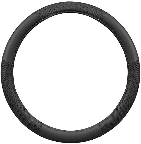 Motor Trend Perforated Microfiber Leather Steering Wheel Cover for Cars Trucks SUVs Vans, Sporty Racing Improved Grip Anti-Fatigue Ergonomic Design, Airbag Compatible - Fits Standard 15" Inch - Black