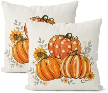 Fall Orange Pumpkin Pillow Covers 18x18 Set of 2 Sunflower by Gohdiwh