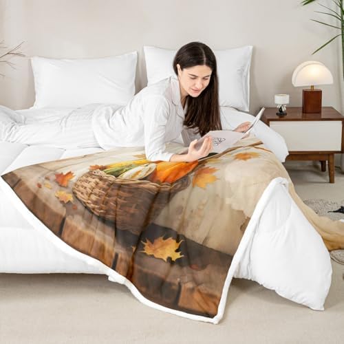 Fall Pumpkin Throw Blanket Harvest Basket Fleece Flannel Blankets Kids Boys Girls Room Decor Maple Leaf Thanksgiving Bed Blankets for Bed Sofa Couch Orange Yellow White Plush Blanket Twin 60"x80" - Image 4