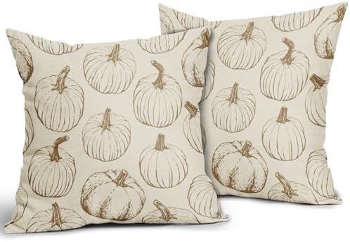 Brown Pumpkin Fall Pillow Covers 18x18 Set of 2 Autumn Themed Thanksgiving Harvest Print Decorative Throw Pillows Outdoor Farmhouse Pillowcases Cushion Case Seasonal Decor for Couch Sofa Bed - Image 2