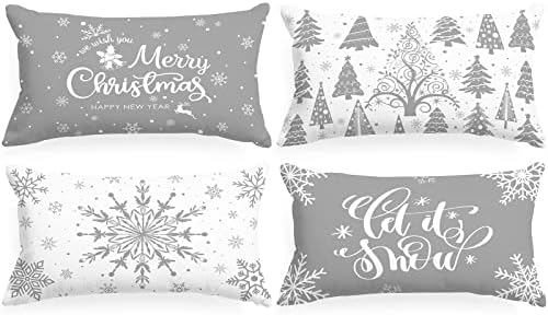 Lanpn White and Grey Christmas Lumbar Throw Pillow Covers 12x24 Set of 4, Decorative Long Gray Winter Snowflake Xmas Cushion Covers Pillow Cases for Home Bedroom Room Holiday Couch Decor Decorations by Lanpn