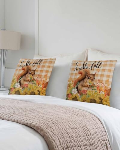 Fall Pillow Covers 16x16 Inch Set of 2, Thanksgiving Decorations Squirrel Sunflower Outdoor Throw Pillow Covers, Plaid Leaf Autumn Holiday Square Pillowcases for Patio Sofa Couch Bedroom Decorative - Image 3