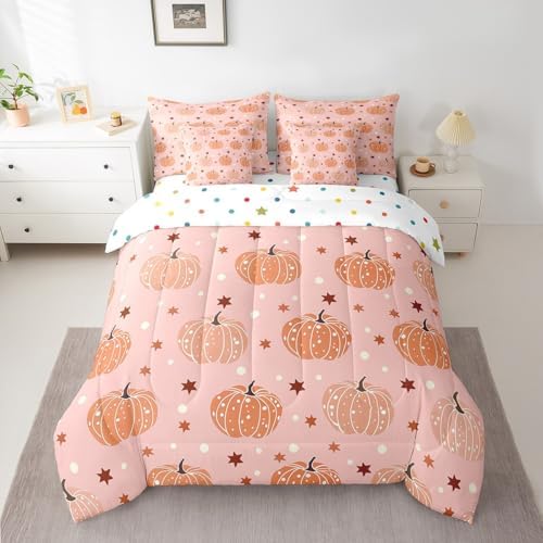 Erosebridal 7 Piece Girls Kawaii Pumpkin Bed in A Bag Queen Fall Autumn Bedding Set Thanksgiving Pumpkins Comforter Set for Kids Adults Room Decor,Cute Boho Stars Sheet Set with Comforter - Image 2