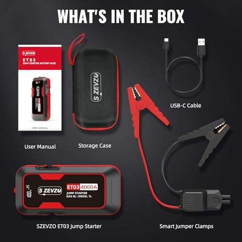 S ZEVZO ET03 Car Jump Starter 4000A Jump Starter Battery Pack for Up to 8.0L Gas and 7.0L Diesel Engines, 74Wh Portable 12V Jump Box with USB Ports, LCD Display, Storage Case, and LED Light - Image 6