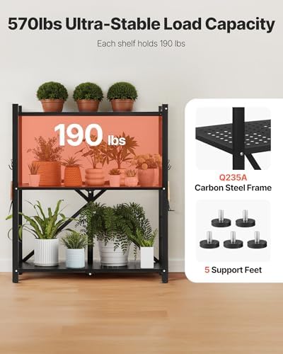 VEVOR 3-Tier Foldable Storage Shelf, 30W x 13D x 36H Inch Folding Metal Rack Shelving Unit, No Assembly Organizer Shelf with 5 Wheels & 4 Hooks for Pantry, Kitchen, Garage, Basement, Black - Image 5