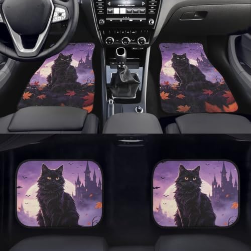 Halloween Car Floor Mat Set,Universal Fit Protection Heavy Duty Castle Moon Heel Pad Car Mats Black Cat Car Floor Front and Rear 2 Rows Set 4 Piece