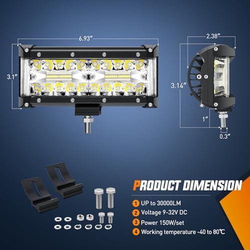 Nilight 2 PCS 7 Inch Side Shooter Light Bar Spot Flood Combo Triple Row