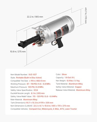 VEVOR Portable Tire Bead Seater, 1.6 Gal / 6 L Air Bead Blaster, Handheld Tire Inflator Tool, 87-116 PSI Operating Pressure, Trigger Seating Inflator for Car, Compact SUV, Light Truck, E-Bike, RV, ATV - Image 7