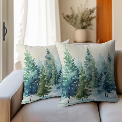 Watercolor Christmas Tree Pillow Covers 20x20 Set of 2 Blue Green Xmas Print Vintage Decorative Outdoor Throw Pillow Cases Rustic Winter Holiday Decoration Farmhouse Sofa Couch Cushion Cover Bed Decor - Image 3