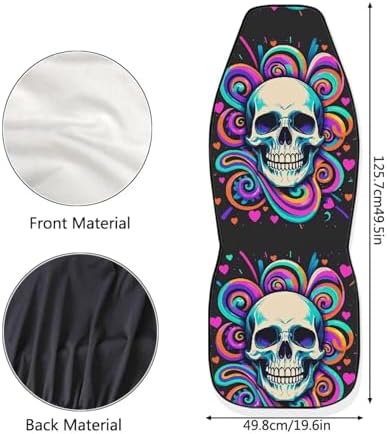 2 Pcs Car Seat Covers Full Set, Trippy Swirl Skull Front Split Bench Seat Covers for Cars, Hippy Colorful Spiral Skull Universal Seat Cover for Sedan, SUV, Truck