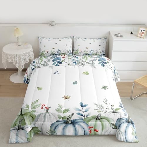 Erosebridal Pumpkins Eucalyptus Leaves Comforter Set for Kids Boys Girls Blue Pumpkins Fall Decor Bedding Autumn Fall Duvet Set Thanksgiving Farmhouse Comforter Twin with 1 Pillowcase - Image 3