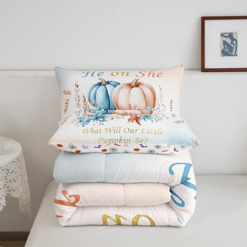 Erosebridal Pumpkins Eucalyptus Leaves Kids Bedding | Fall Comforter Sets King,Autumn Thanksgiving Comforter Blue Pumpkin Decor Duvet Insert with 2 Pillow Cases - Image 6