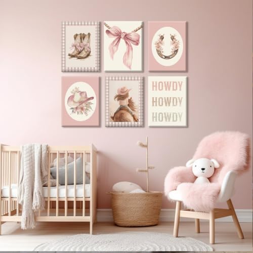 Western Cowgirl Nursery Wall Art Decor Vintage Girl Room Canvas Poster Pink Coquette Nursery Art Prints Preppy Aesthetic Pictures Bow Floral Boots Artwork for Girls Bedroom 12x16x6 Inch Wrapped Canvas - Image 5