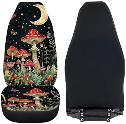 BIGCARJOB Mushroom Print Car Seat Cover Set for Front Seat Only,Moon Star Mushroom Print Auto Front Seat Protector Full Set Car Interior Accessories,Universal Fit