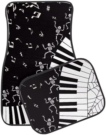 Black White Musical Skeleton Print Funny Halloween Car Floor Mats 4 PCS, Cute Durable Interior Accessories for Car SUV, All Weather Floor Mats with Front Rear Trunk Liners Set for Party