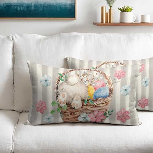 Easter Pillow Covers 12x20 Set of 2 Spring Throw Pillow Covers Rustic Cute Bunny Gray Pillowcase Linen Decoration Farmhouse Soft Decorative Eggs Cushion Case Couch for Indoor Outdoor Home Decor - Image 2