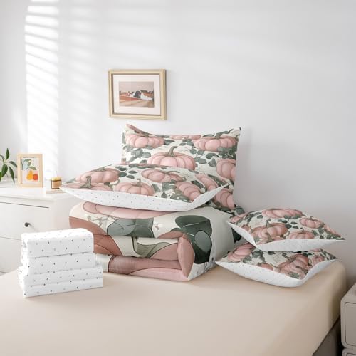 Erosebridal Retro Pink Pumpkin Bedding Set 7 Piece Eucalyptus Leaves Queen Comforter Set for Girls Women Autumn Farmhouse Thanksgiving Fall Bed in A Bag Cute White Floral Sheet Set with Comforter - Image 6