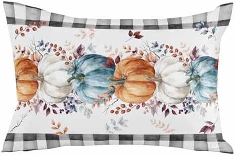 Pillow Covers 20x30 Inch - Queen Fall Blue Orange and White Pumpkin Black Plaid Soft Brushed Microfiber Pillowcases with Hidden Zipper Closure Bed Pillow Shams for Bedroom Sofa Car by T%26H+XHome
