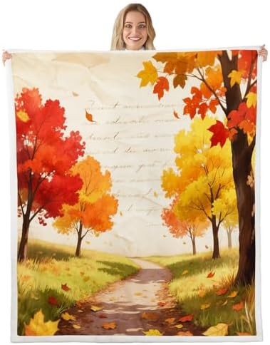 Fall Maple Leaf Sherpa Blanket Country Style Road Throw Blanket Bedroom Living Room Soft Cozy Harvest Thanksgiving Day Blankets Decor for Bed Couch Sofa Orange Yellow Green Flannel Blankets 50"x60" by CastleFairy