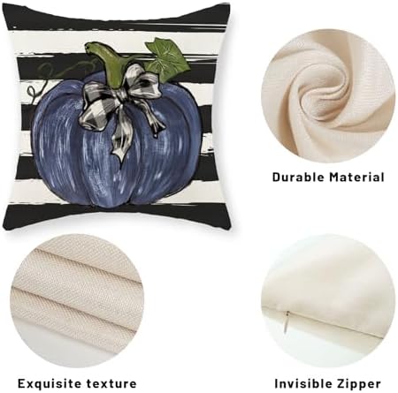 Fall Pillow Covers 18x18 Set of 2 Dark Blue Pumpkin Buffalo Plaid Fall Decor Pillowcase Autumn Thanksgiving Decorative Outdoor Throw Pillow Covers Linen Farmhouse Cushion Case for Couch Home - Image 7