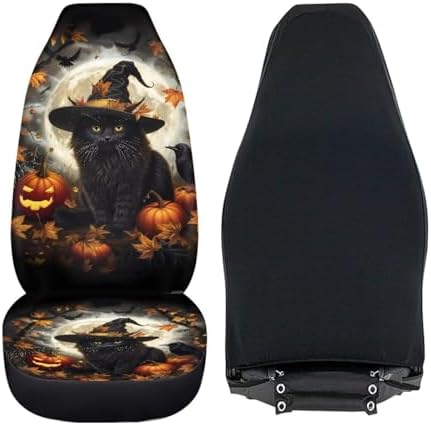 Talayituse Cat Pumpkin Witch Maple Leaf Print Car Seat Covers Front Set Car Seats with Elastic Band, Universal Fit Automotive Seat Covers Thanksgiving Halloween Decor for SUV, Sedan, Van